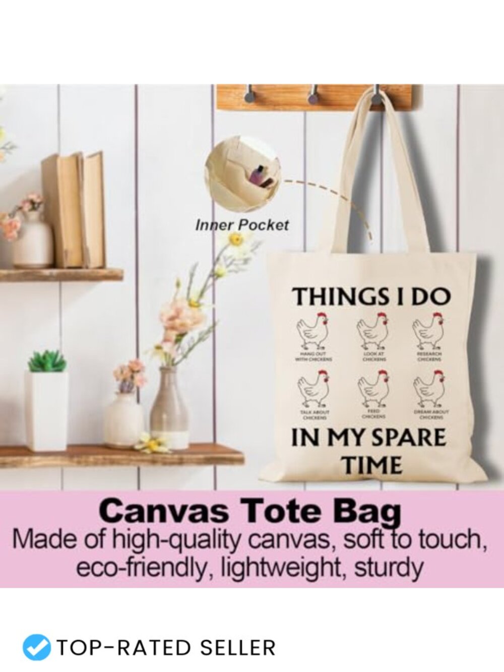 Funny Chicken Canvas Tote Bag Weekender Beach Bag for Women Gift - Picture 3 of 5